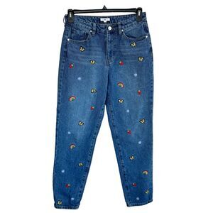 B.P. SZ 29 Mom Jeans Embroidered Zip-Fly High-Rise Medium Wash Rigid Denim Blue